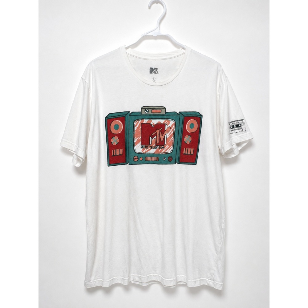 MTV Music Television Retro TV Graphic Tee White Short‎ Sleeve T-Shirt Large